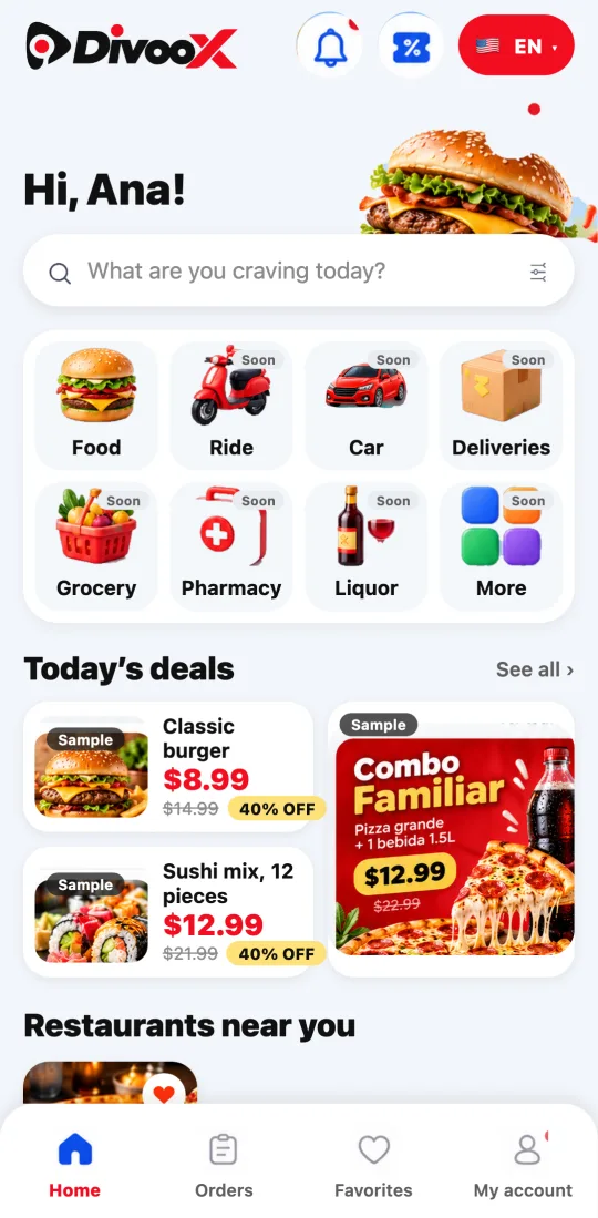 Real Divoox app screen: the home with services and restaurants near you