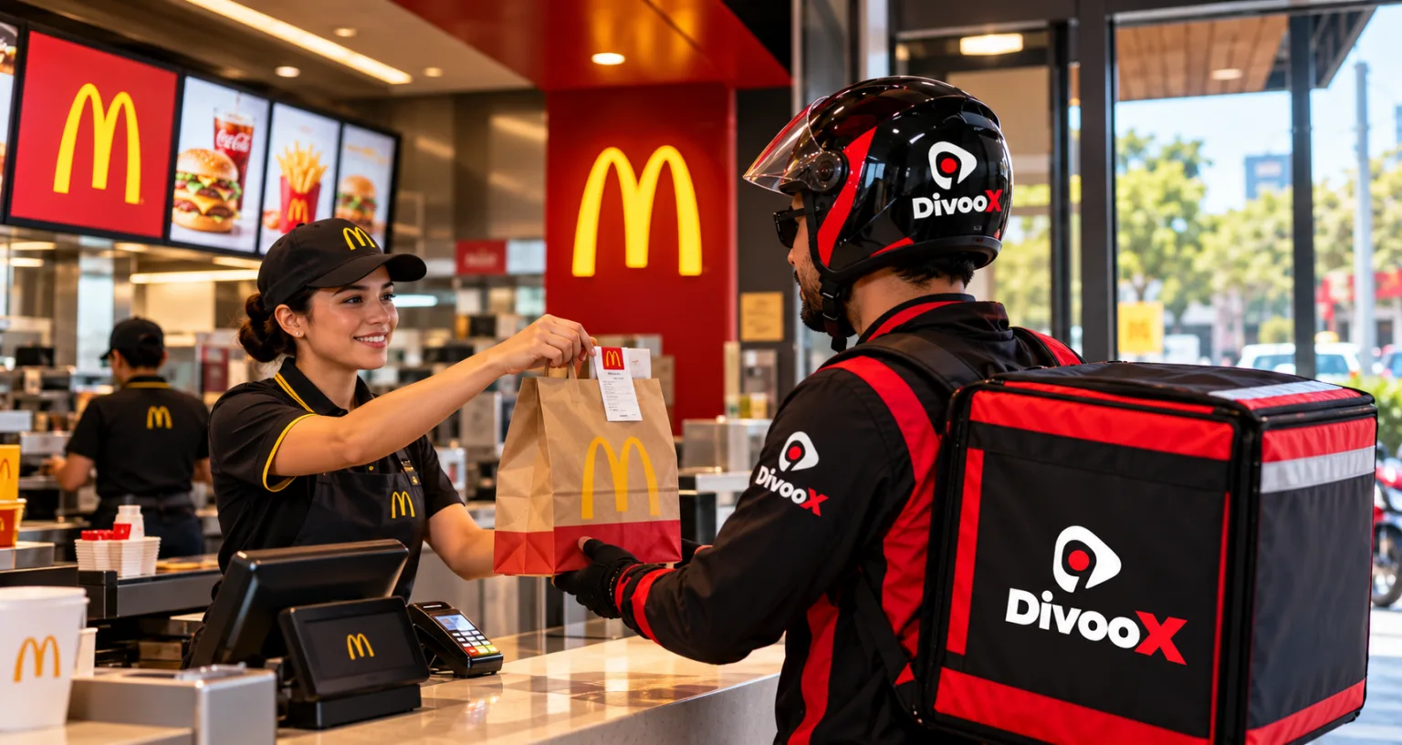 A Divoox driver picks up an order at a fast-food restaurant counter